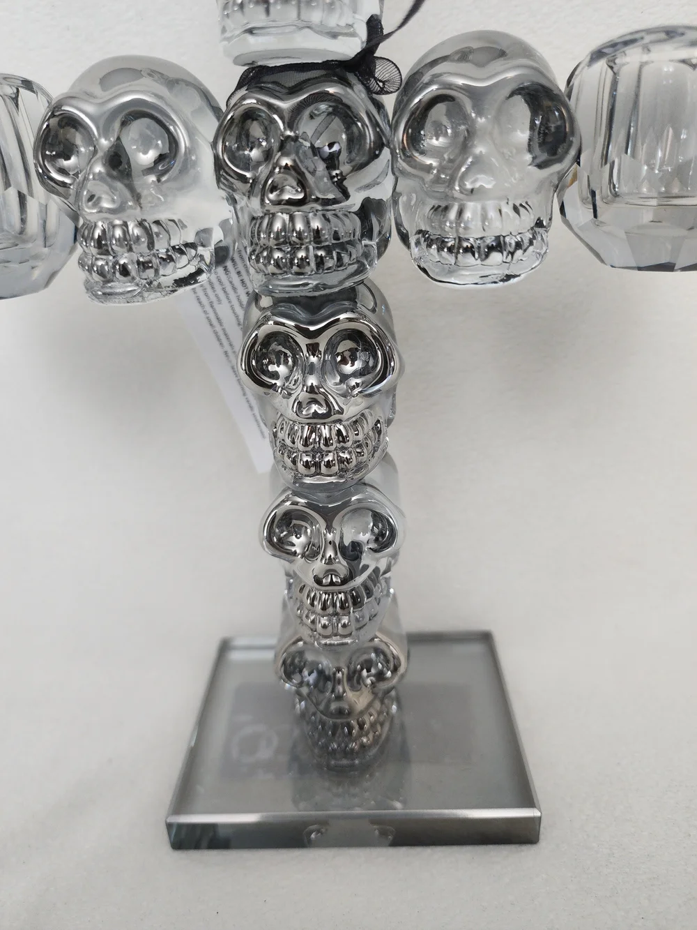 Crystal SOLID GLASS Skull Cross Candle Holder - Silver